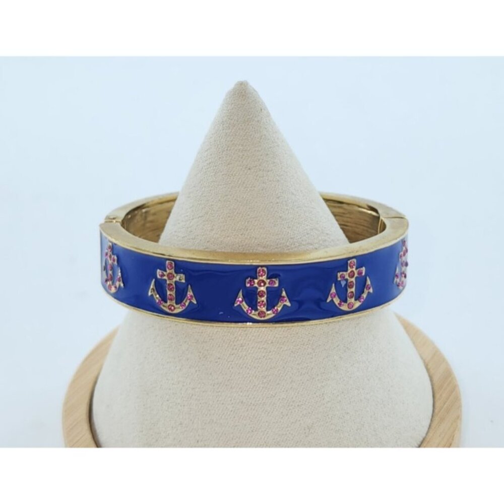 Betsey Johnson Gold Tone Hinged Bracelet Blue Enamel Pink Stones Anchor Nautical
